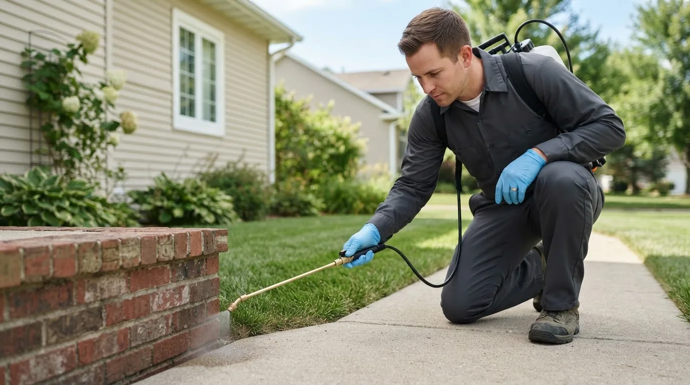 Pest control technician treating a home near Mattituck, NY