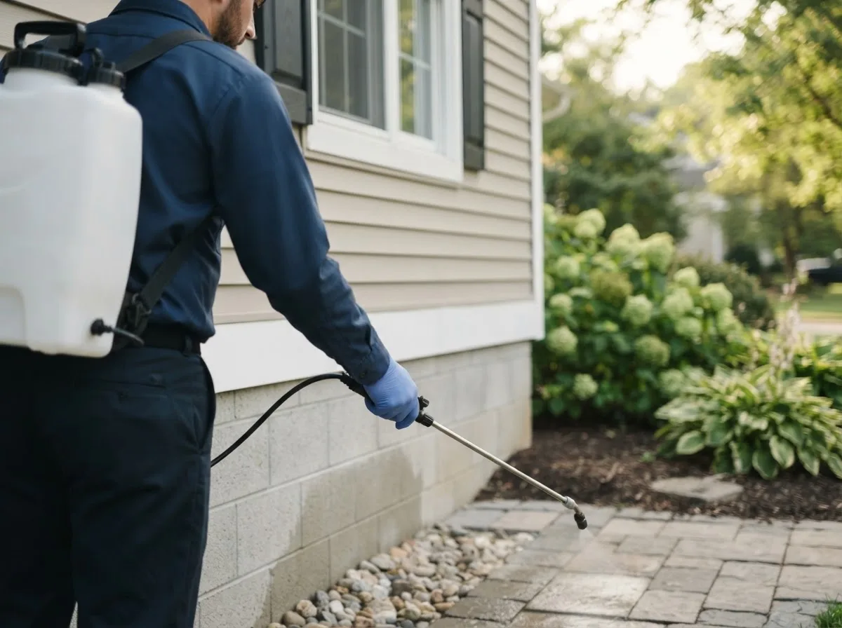 Pest control technician inspecting a home in Mattituck, NY